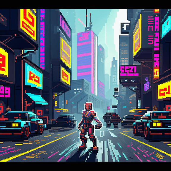 AI generated: pixel art cyberpunk video game, 36 bit video game, highly detailed