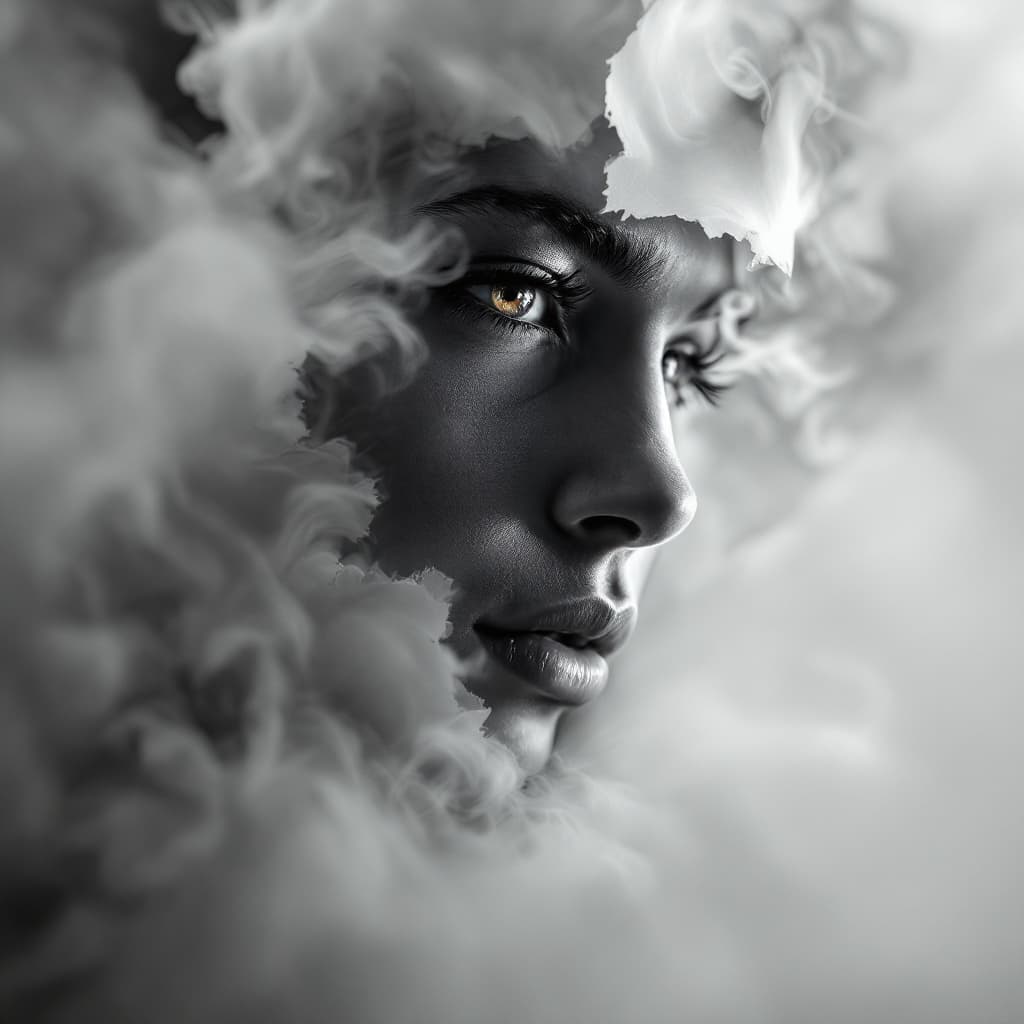 AI generated: A hyperrealistic, cinematic shot , white background of an eye peeking through ripped paper with the ...