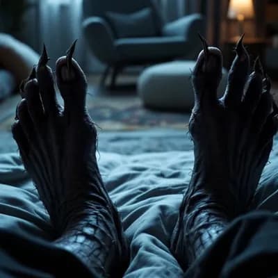 AI generated video: POV first-person, I quickly wake up and see my legs, feeling scared. I get up fast. There is black s...