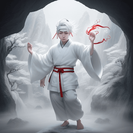 AI generated: https://s.mj.run/1MYU35ppsKA a Chinese boy with white hair living in a cave, a celestial being, wear...