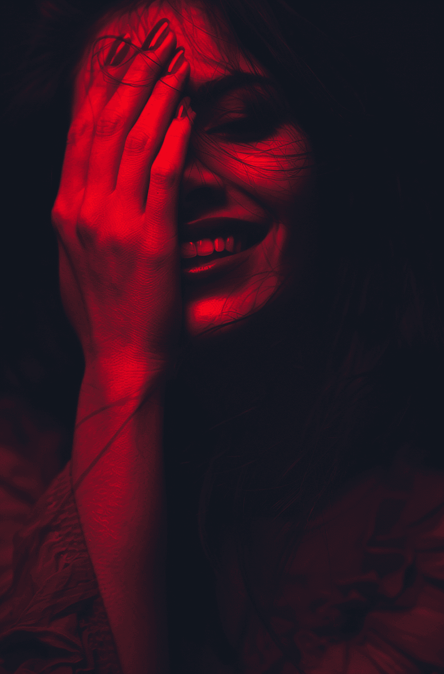 AI generated: A photograph of a red hand with black eyes, covering part or all of her face and body while she smil...