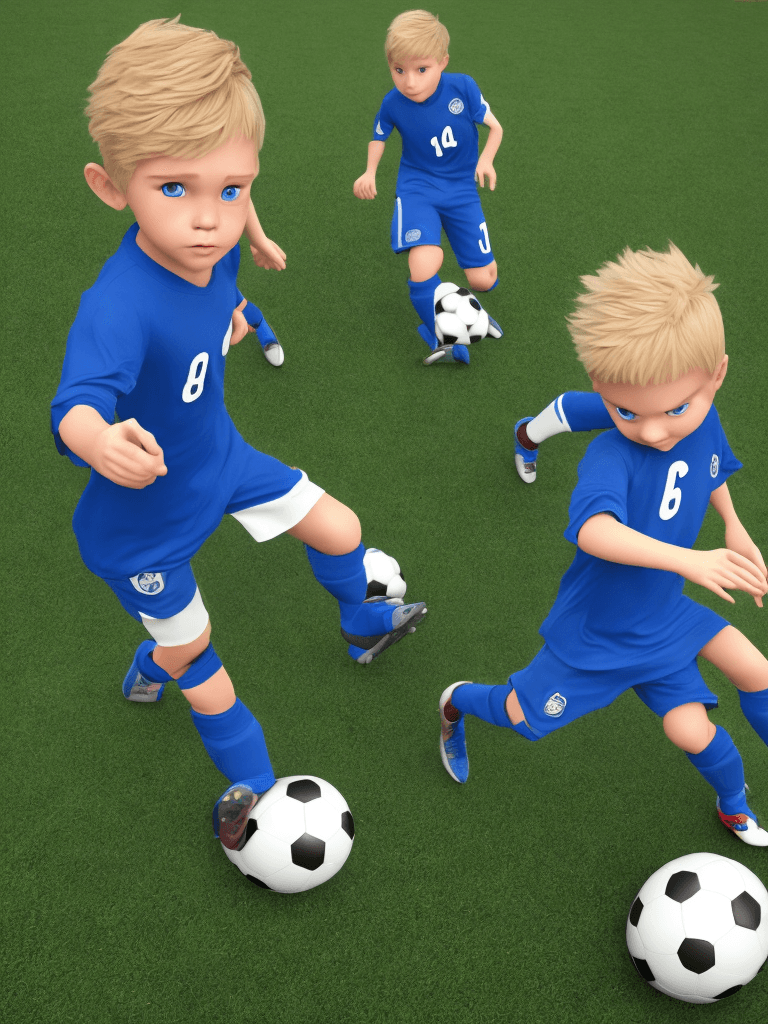 AI generated: young boy, blonde hair, blue eyes, soccer shoes, playing soccer, pixar style