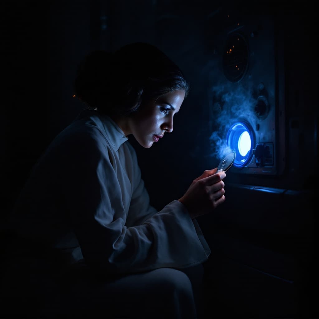 AI generated: "An ultra-detailed, cinematic scene of Princess Leia Organa crouched closely beside R2-D2 in the nea...