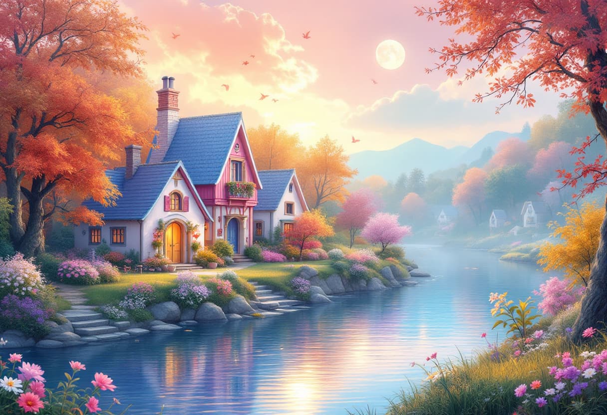 AI generated: 
A serene scene features charming cottages with colorful rooftops beside a tranquil river. Surrounde...