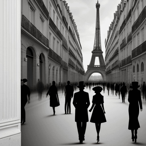 AI generated: Collage art to project on walls describing paris life with people walking with hats and the eiffel t...