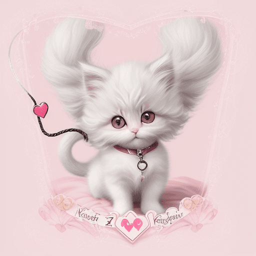 AI generated: Create a picture of a cute Angora kitten that has a huge heart-shaped leash with the names written o...