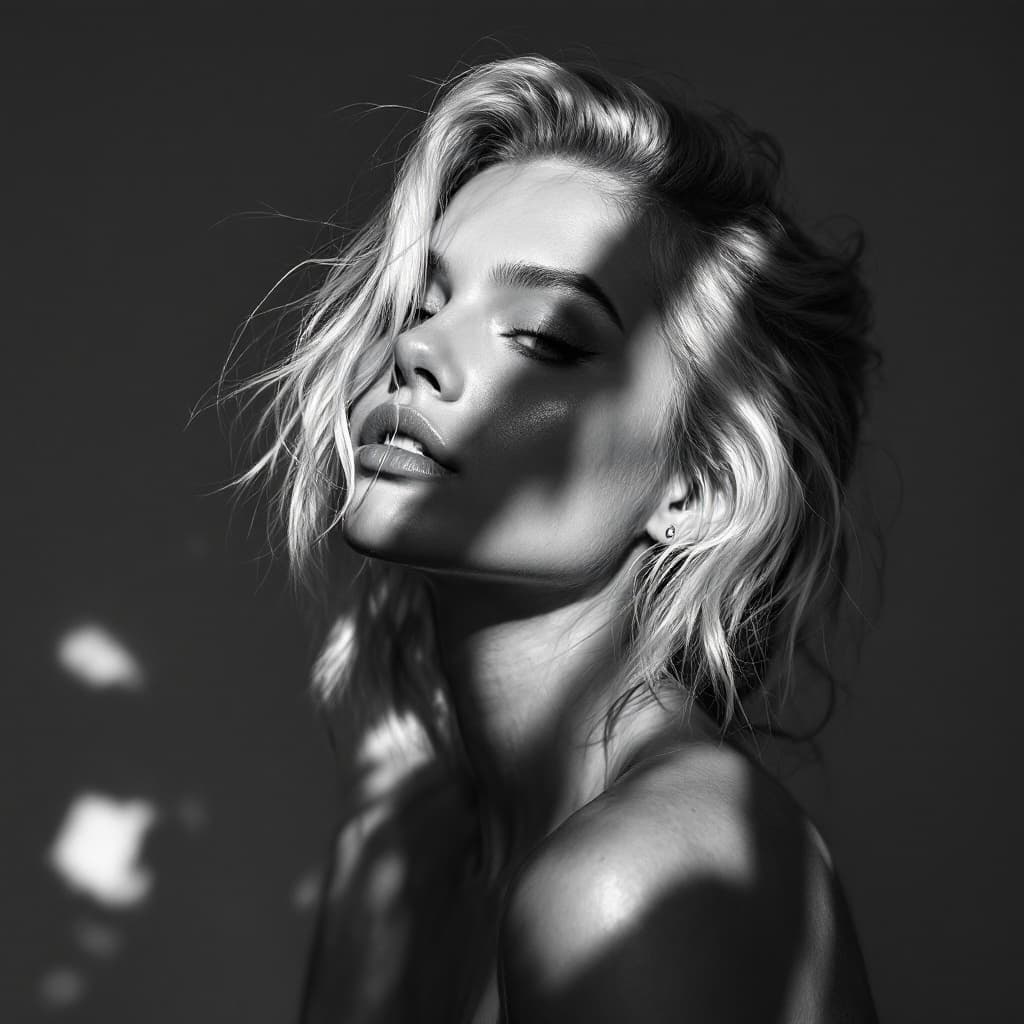 AI generated: a black and white photo of a blonde woman with shadow., full body pose, in the style of minimalist b...