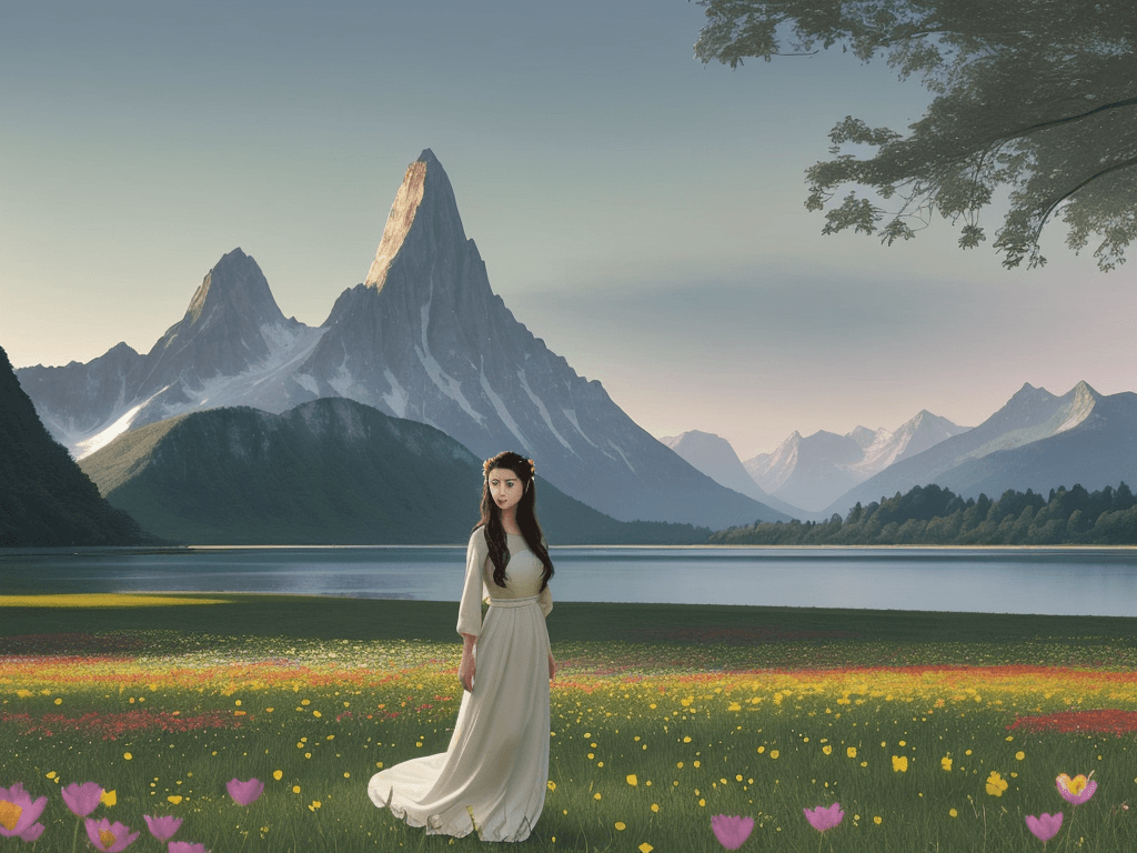 AI generated: a serene and enchanting scene of a woman standing in a field of vibrant flowers, with a majestic lak...