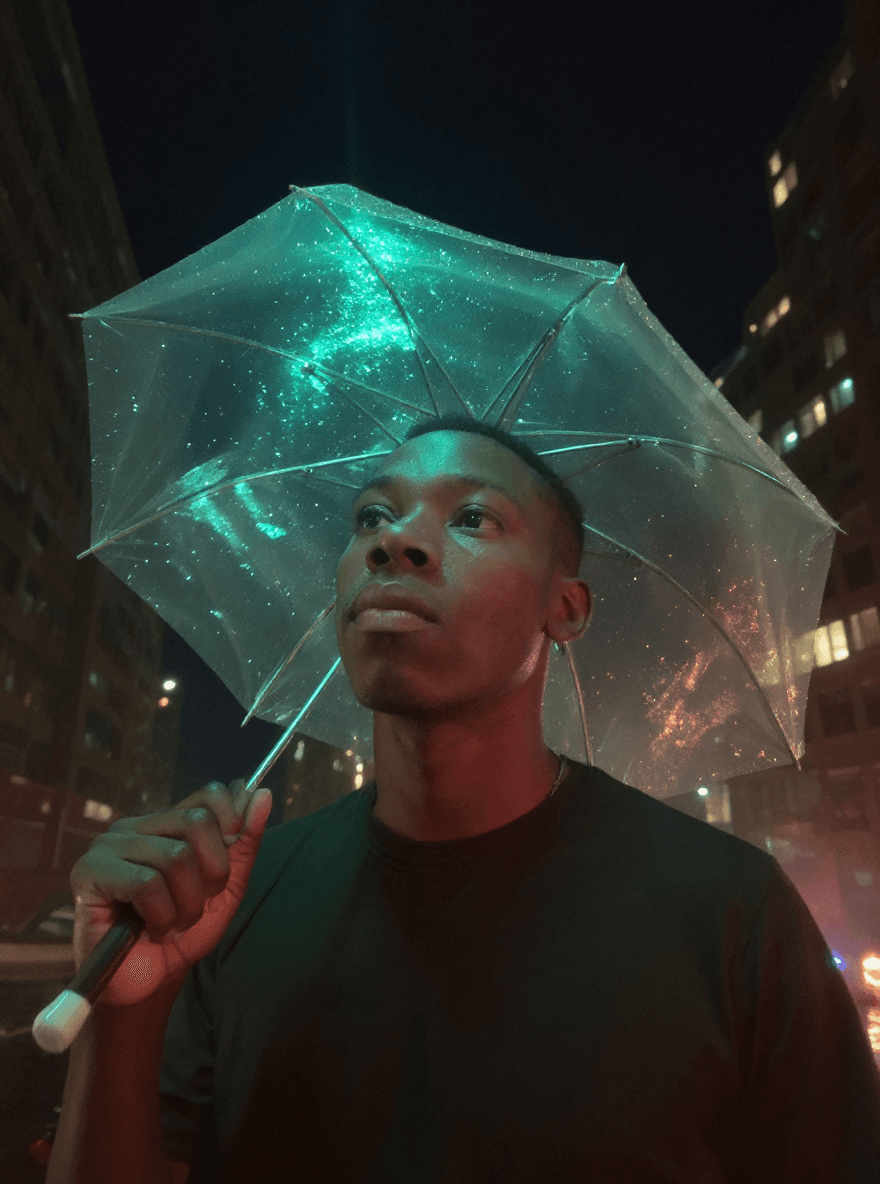 AI generated: A cinematic portrait of a young man with light skin, seen from a low angle under a transparent umbre...