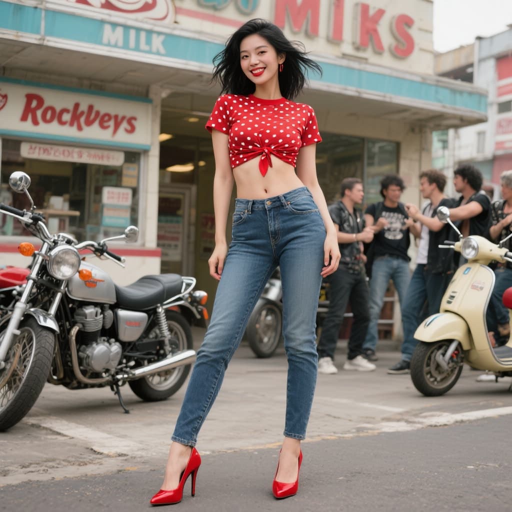 AI generated: a stunning japanese model wearing tigh jeans showing her toned legs she has high heels that are red ...