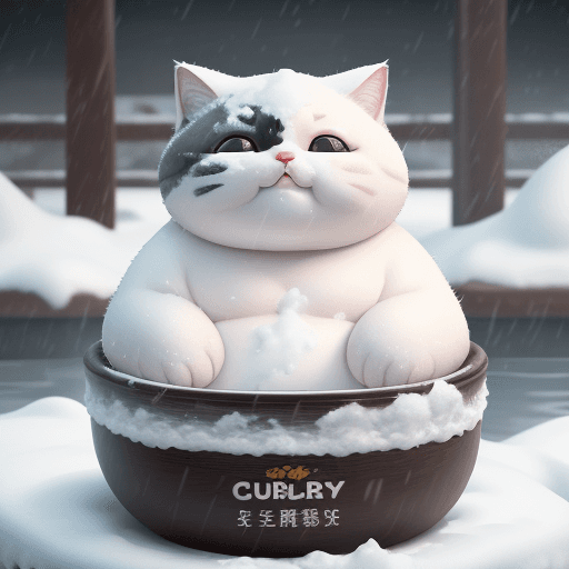 AI generated: Real adorable chubby cat with tattoos, enjoying snowy weather, sippingsake, soaking in a hot spring,...