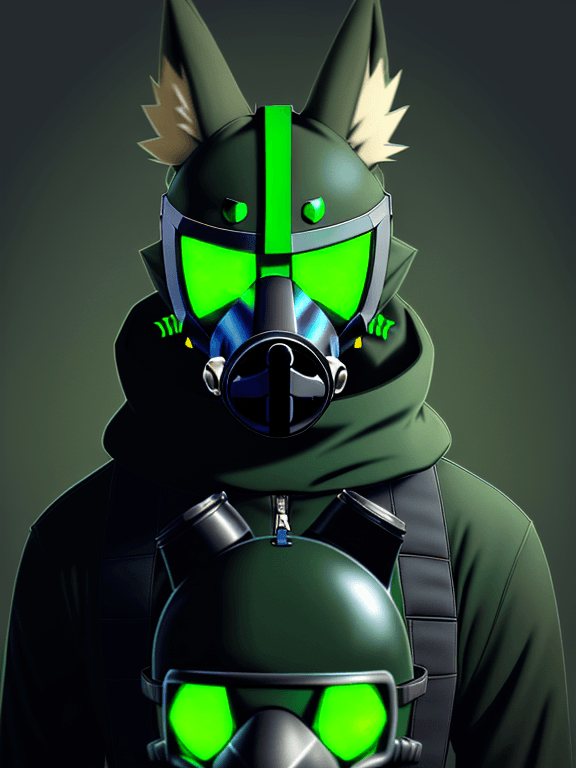 AI generated: mostly green Protogen headshot furry; simple black complete protogen gas reactor mask as visor; head...