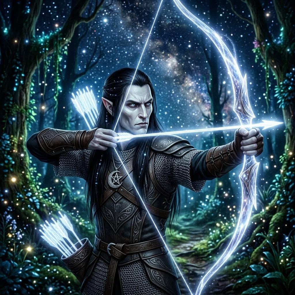 AI generated: realistic portrait of an elegant male astral elf, slightly glowing pale skin, long straight black ha...