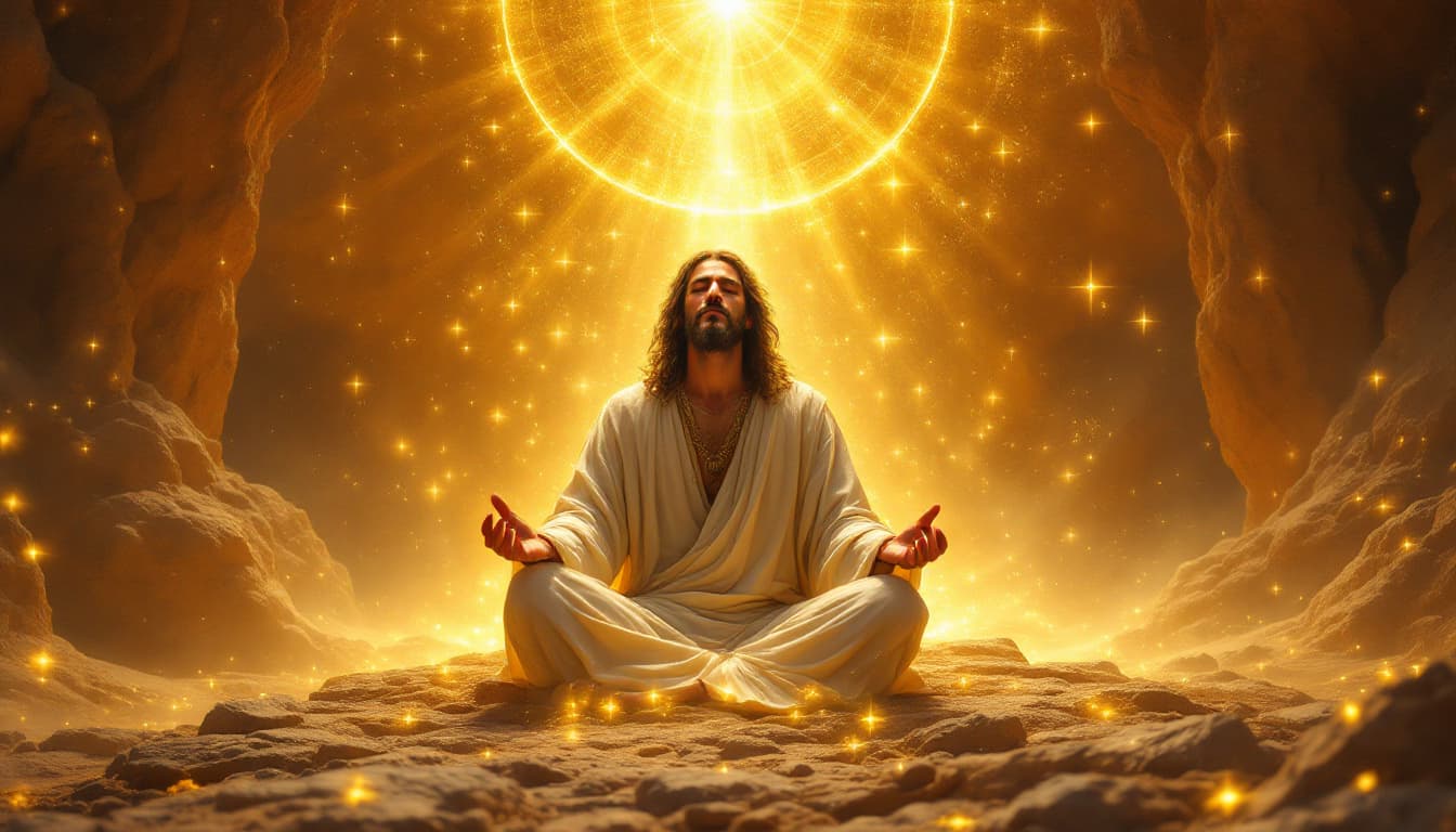 AI generated: jesus surrounded by divine light in a medieval style fantasy world in the dessert  send on the rocks...