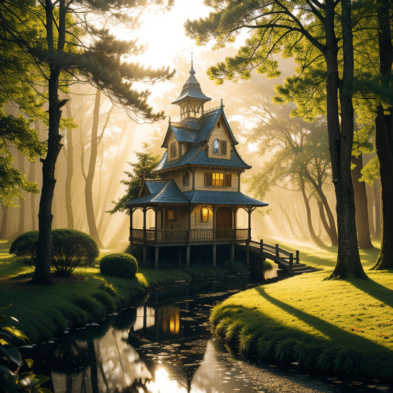 AI generated: detailed photo by Elsa Bleda, ((a wooden illuminated with bulbs house)) near detailed quick river in...