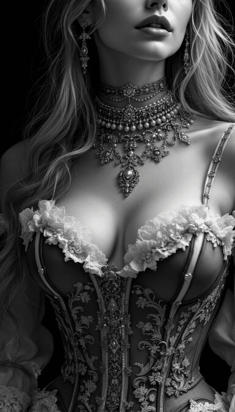 AI generated: A grayscale photorealistic digital illustration of a woman in elaborate, highly detailed attire. The...
