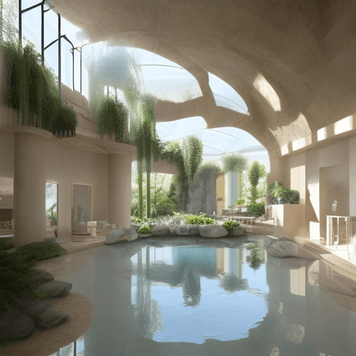 AI generated: High resolution photography interior design, dreamy wellness center, biophilia, arch windows, water,...