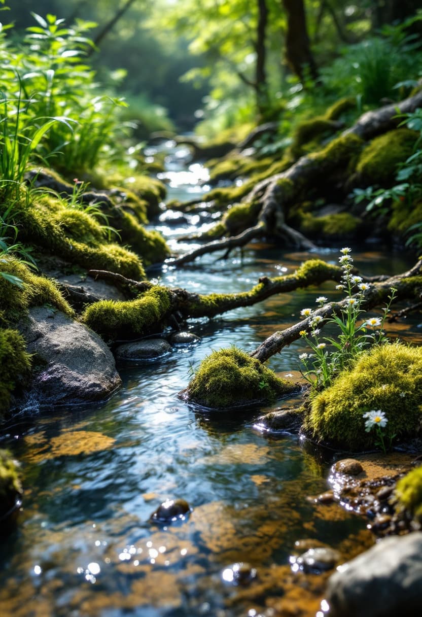 AI generated: little narrow winding Creek，realistic slow Water Flow，crystal clear water, stone, some sand underwat...
