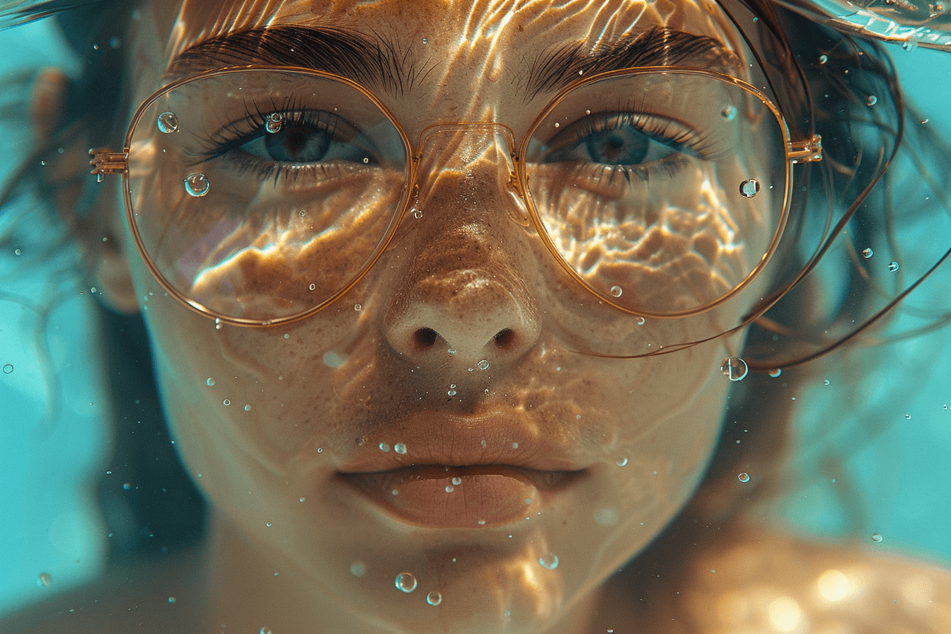 AI generated: woman with long hair near the turquoise Mediterranean sunny sea, in the style of an aquarium glare o...