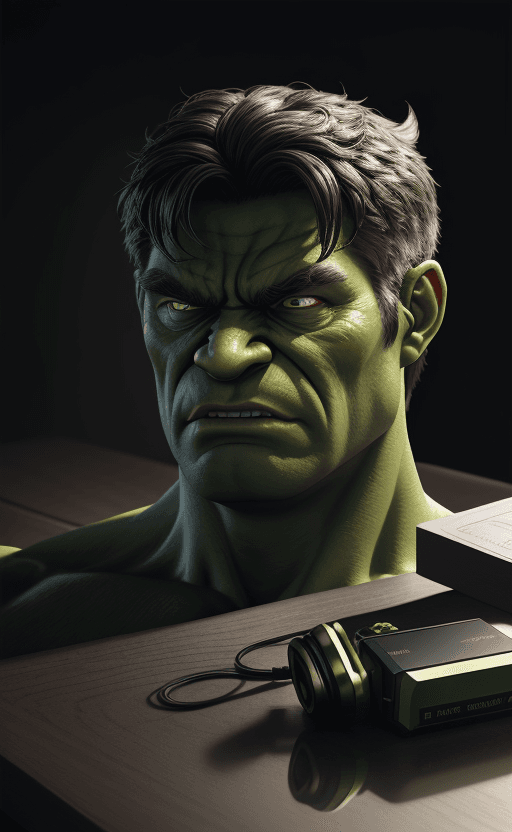 AI generated: earphone on the table with the design and character of hulk The earphone is gold and green dark, no ...