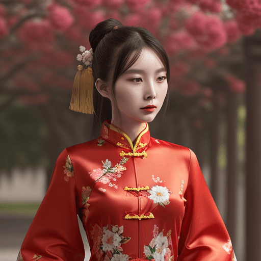 AI generated: chinese red blouse, in the style of dreamy and romantic compositions, floral explosions --ar 24:37 -...