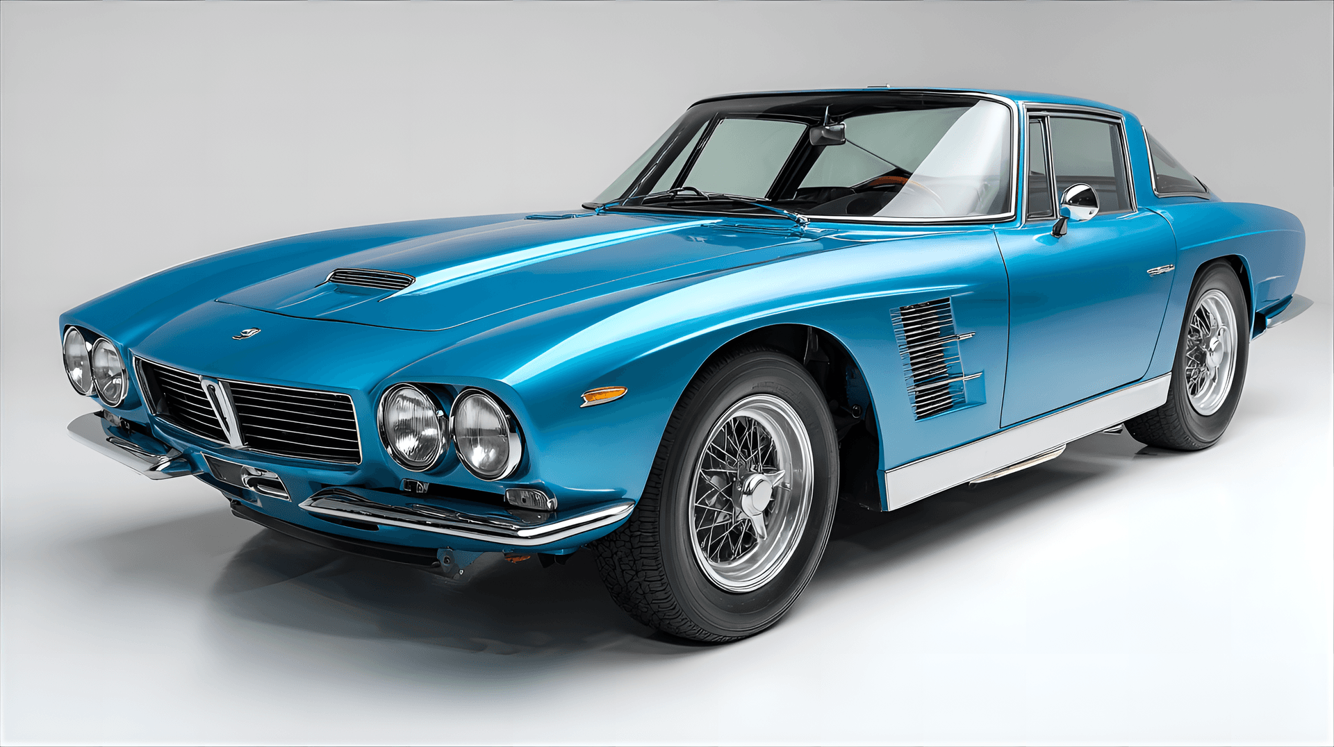 AI generated: 1968 Iso Grifo GL 350, depicted in a bright metallic blue, showcasing its sleek Italian
bodywork, p...
