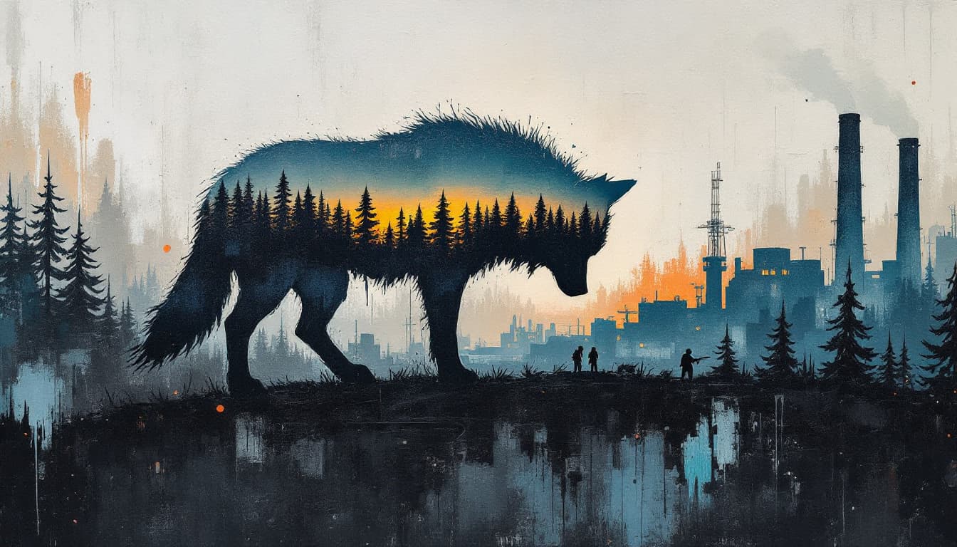 AI generated: oil painting, cardboard like silhouette of a wolf, head down, low tail, dramatic background, Pollock...