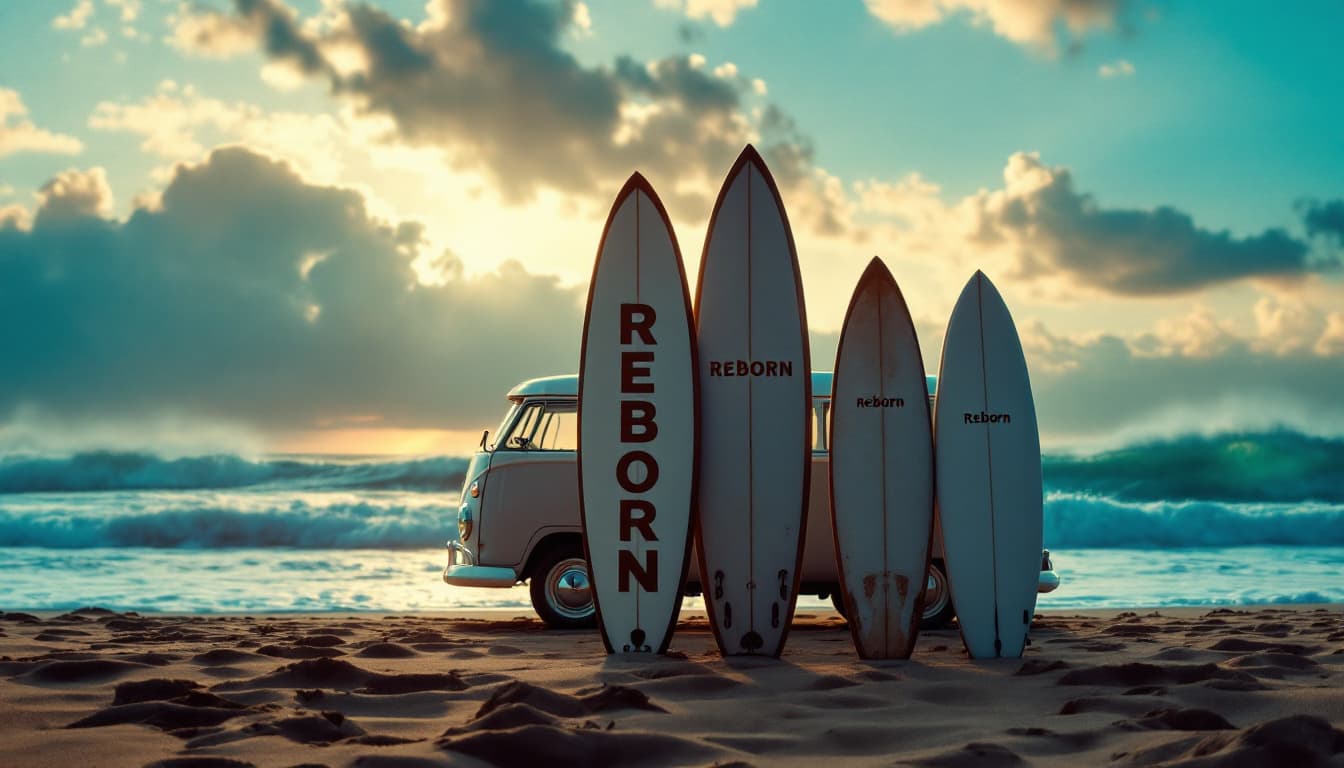 AI generated: A highly detailed distant ,ultra high definition low angle pro photo of a four surfboards standing i...