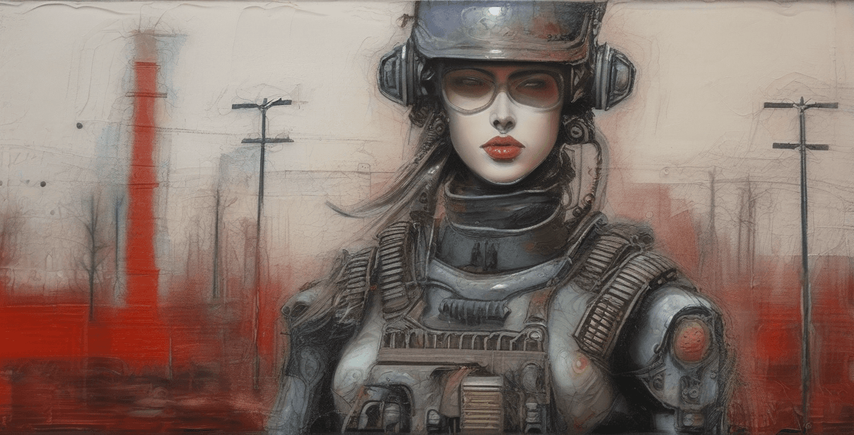 AI generated: female soldier, Outsider Art, Robotpunk, Streetlights, octane rendering, REDengine engine, Renaissan...