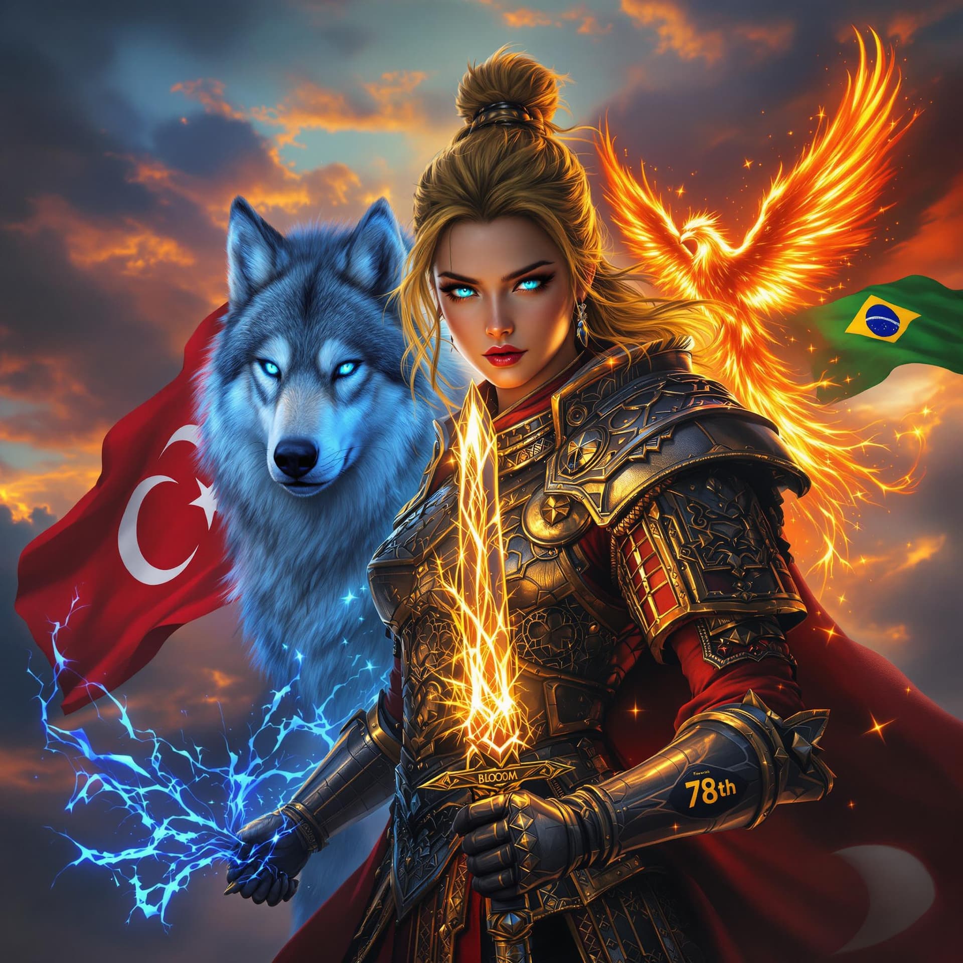 AI generated: A fierce girl warrior clad in traditional armor, inspired by ancient Turkish mythology, holding a sw...