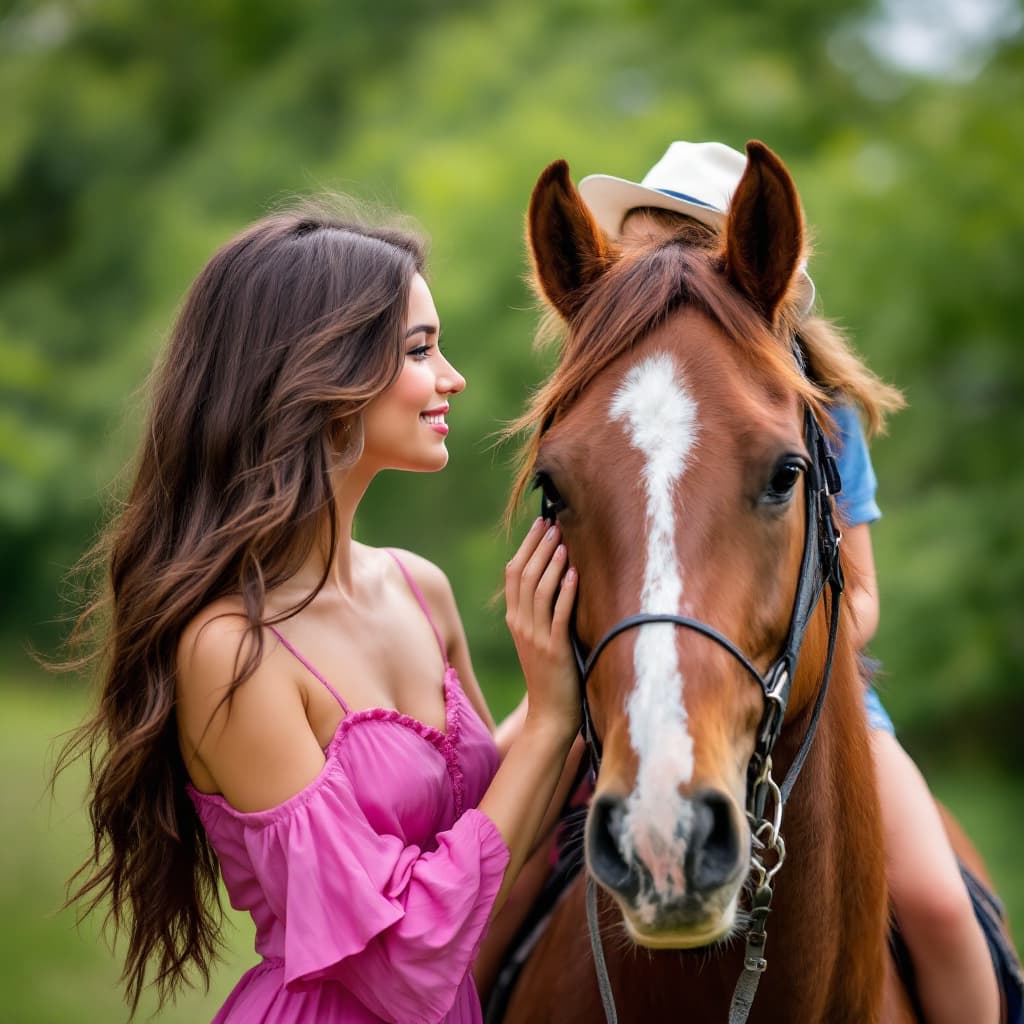 AI generated:  female, a young woman in a pink dress and a girl on a brown horse share an intimate moment. The wom...