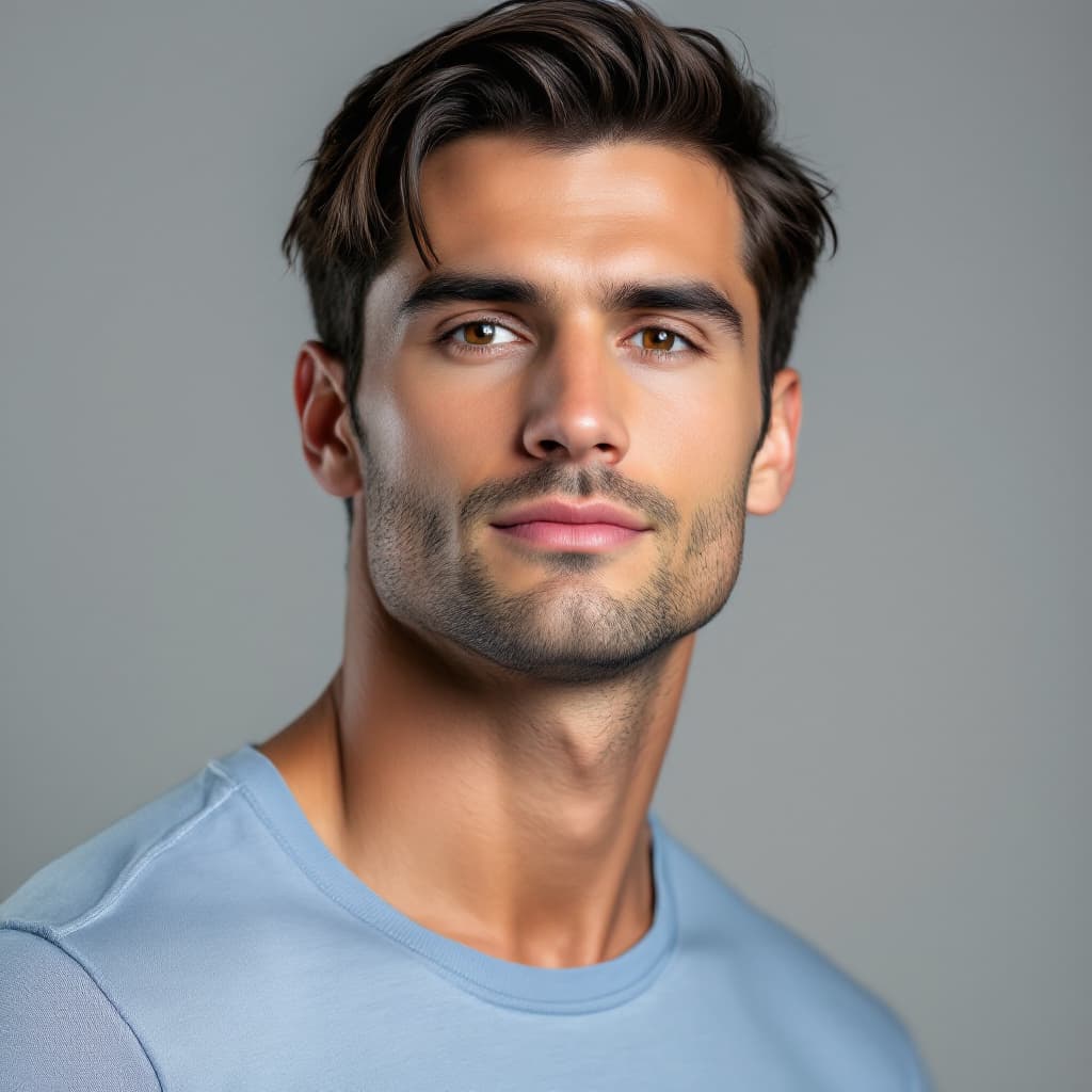 AI generated: Sharp head-and-shoulders photo of a 26-year-old white American man, medium-length straight dark hair...