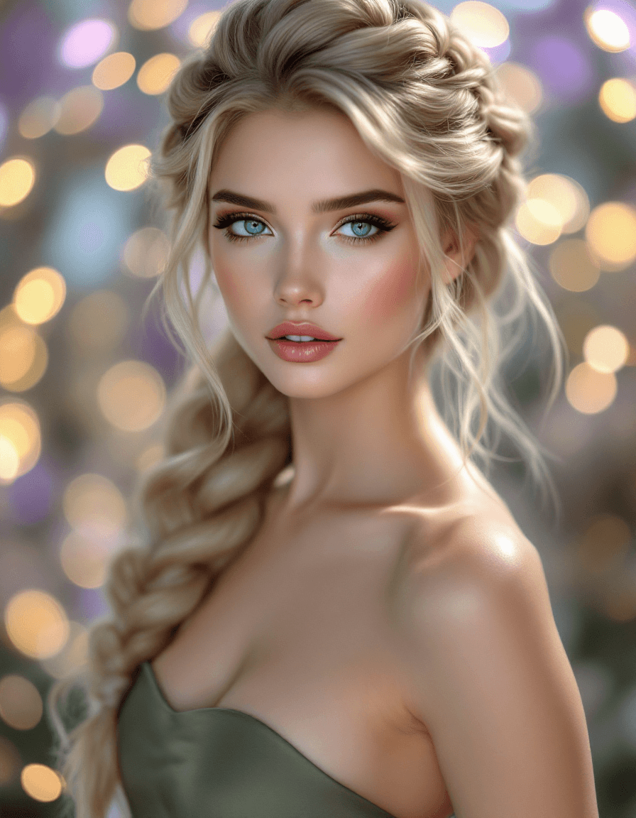 AI generated: A stunning young woman with flawless porcelain skin and long, golden-blonde hair styled in a thick, ...