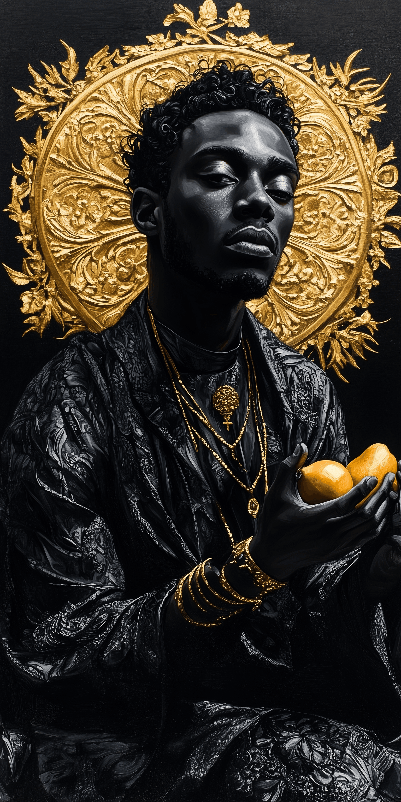 AI generated: Oil painting of a Black man with a golden halo, holding a lemon in his hand, against a dark backgrou...