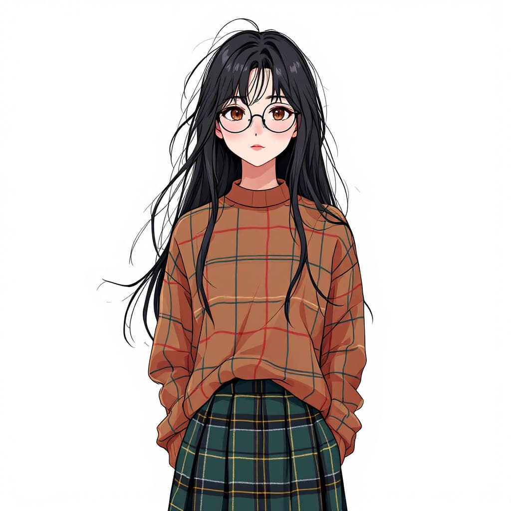 AI generated: anime female, tartan skirt, jumper, long messy black hair, brown eyes, korean hairstyle, glasses, mi...
