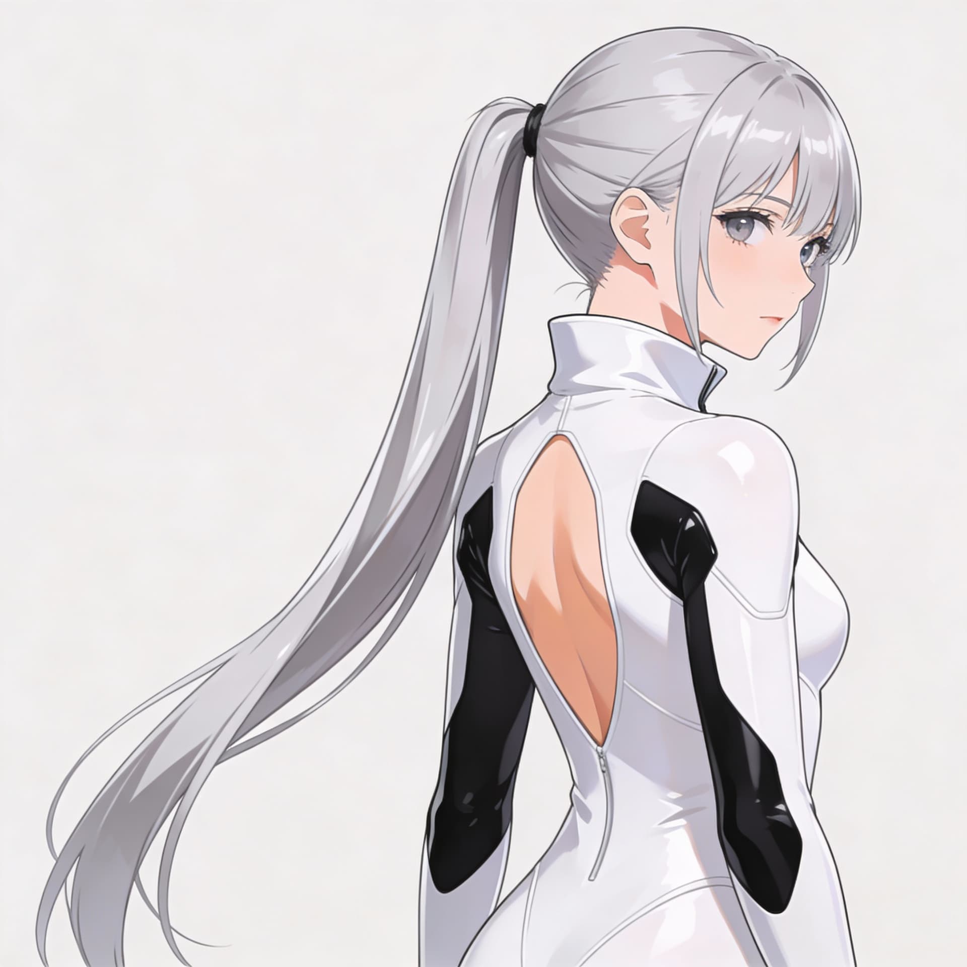 AI generated: The image depicts a character with long, straight, silver hair tied into a ponytail. The character i...