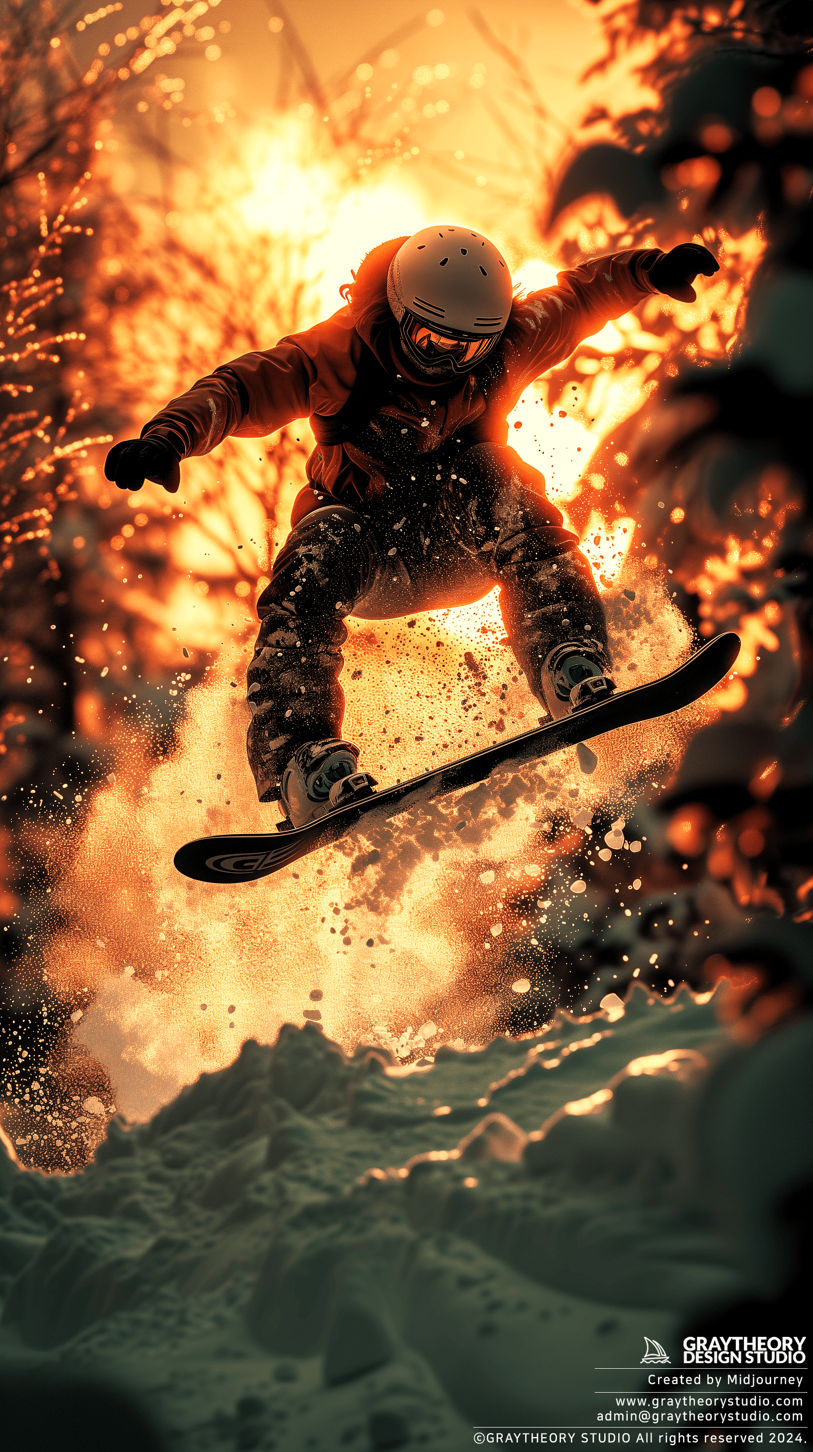 AI generated: dynamic shooting, big air, pro snowboarder, Canon EOS-1D X Mark III with Canon EF 70-200mm, flutteri...