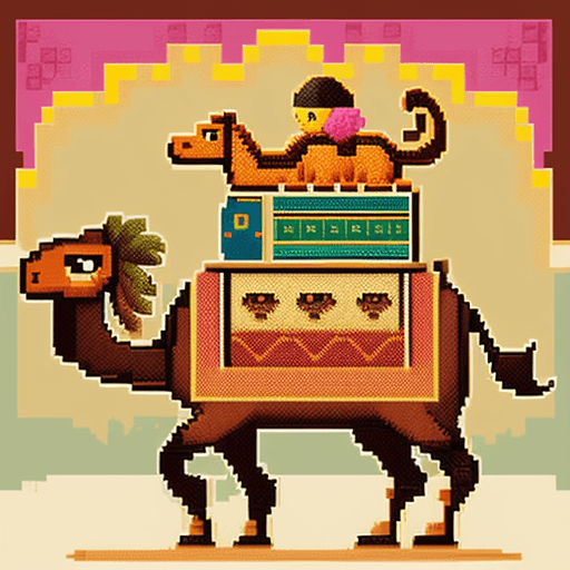 AI generated: Retro style nostalgic camel arabic  traveling illustration with pixel art and bright colors, maskot,...