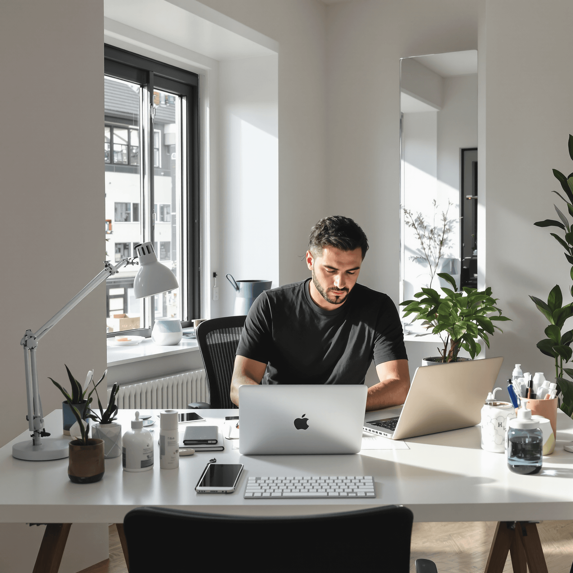 AI generated: modern, minimalist workspace, focused designer man at a white desk, surrounded by objects of product...