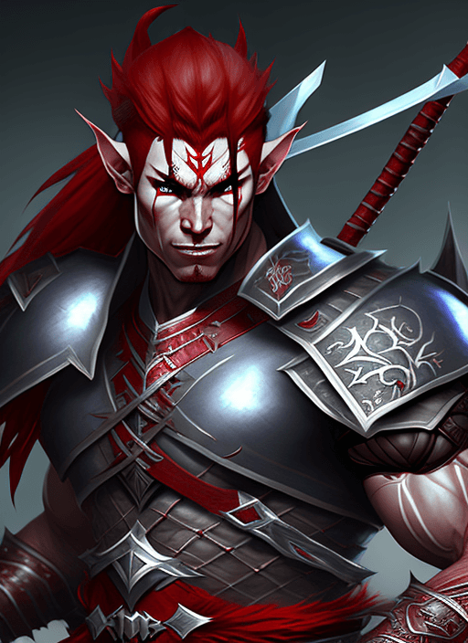 AI generated: evil male elf fighter with muscular grey skin and red hair, samurai armor, ultra realistic, concept ...