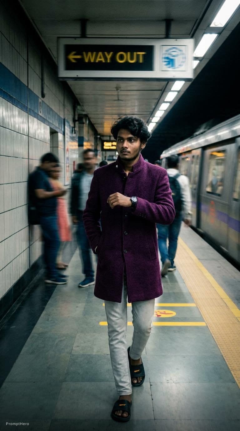 AI generated: fashion editorial photography, motion blur, male model, wearing an wool coat, deep purple color, wal...