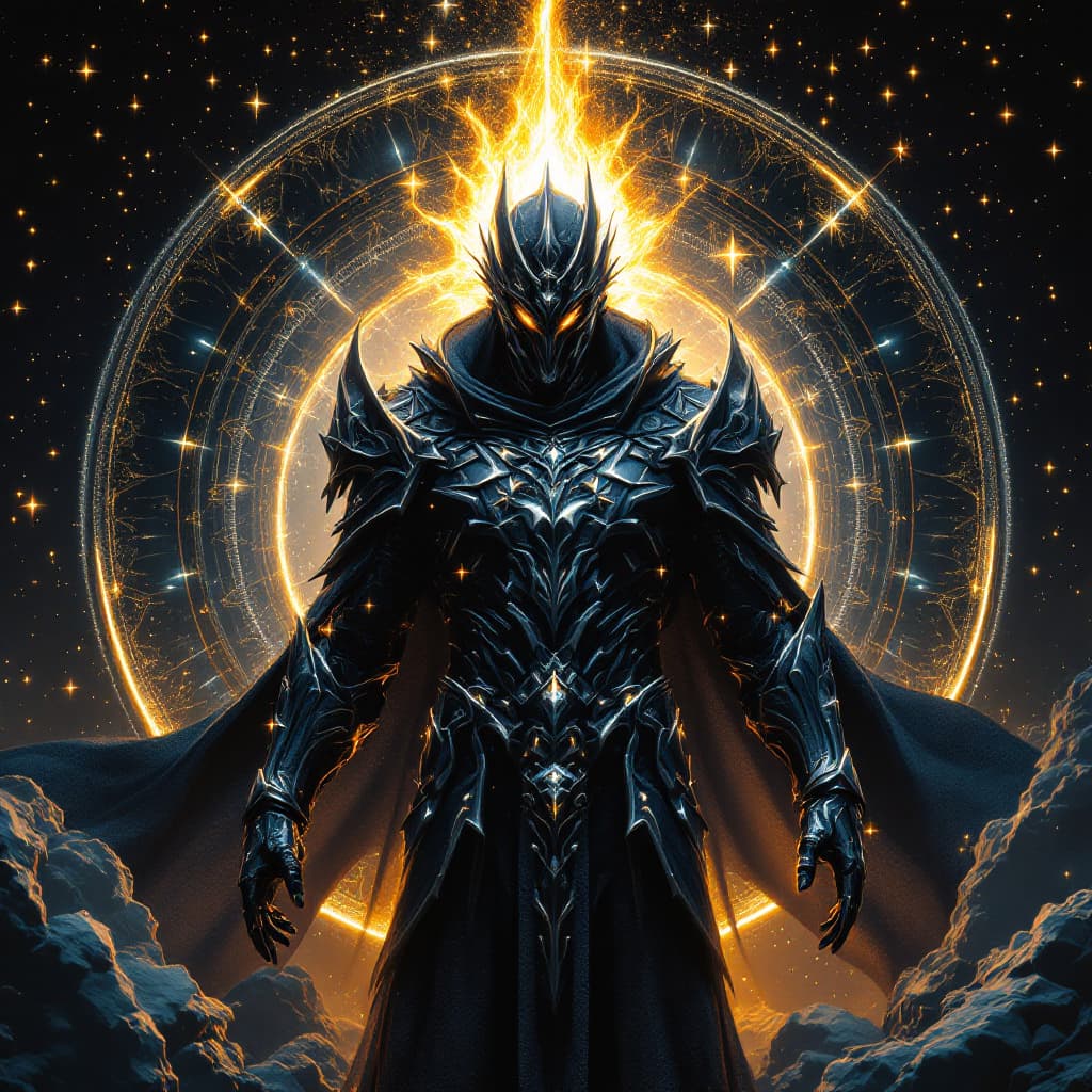 AI generated: god of light and darkness, stunning, majestic, black silver armor, portal of shadows, stars, standin...