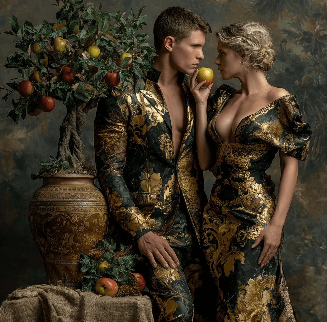 AI generated: A full-body painting of Adam and Eve in the garden. She is holding an apple up to his face, standing...