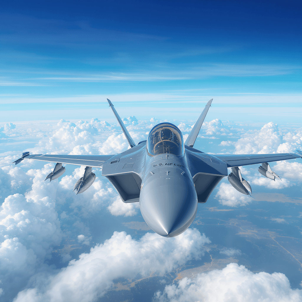 AI generated: A powerful U.S. Air Force fighter jet soaring through a vibrant, cloud-filled sky, its metallic surf...