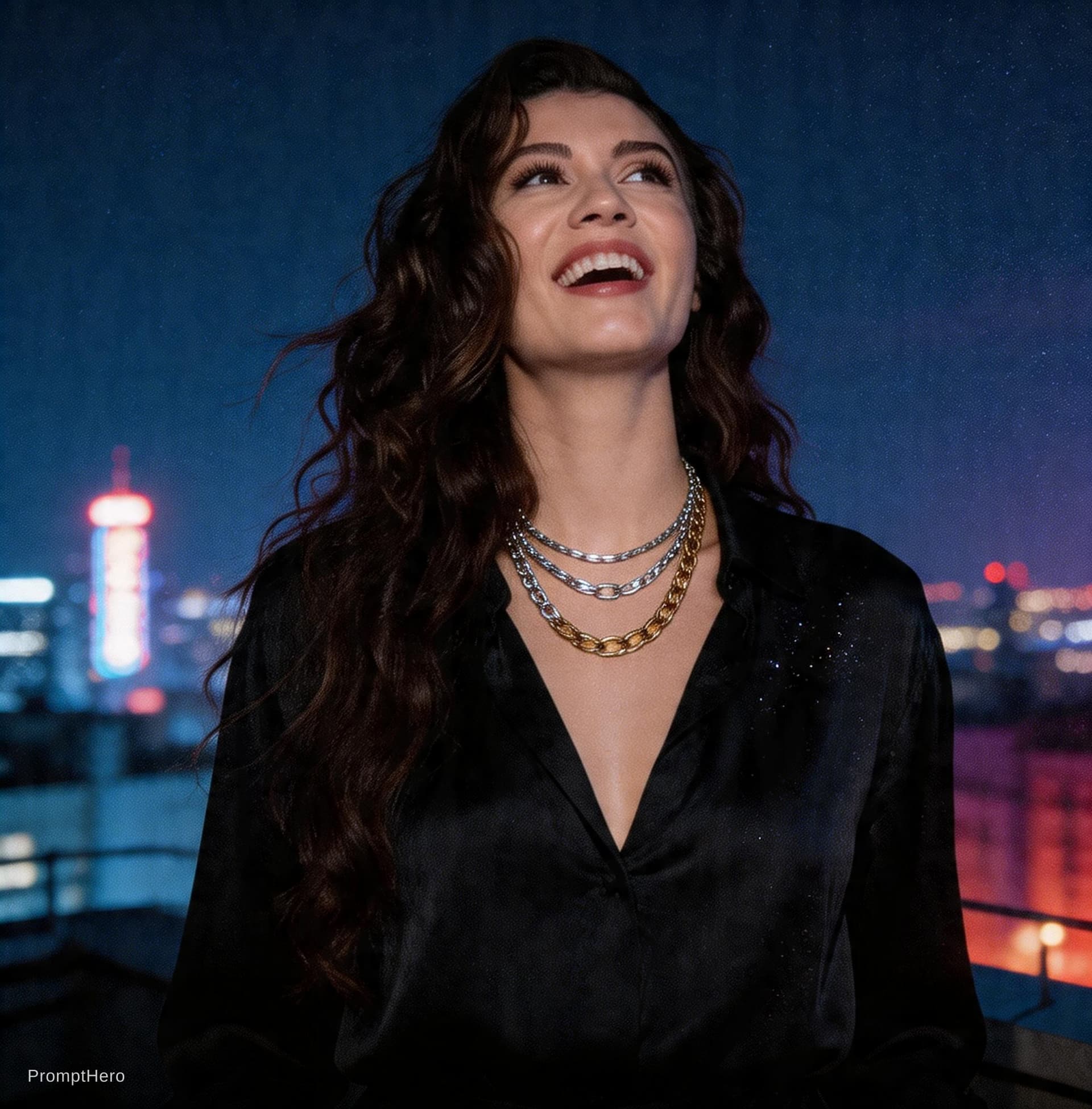 AI generated: A grainy, high-ISO rooftop documentary scene captures a tall, statuesque woman with long, dark, wind...