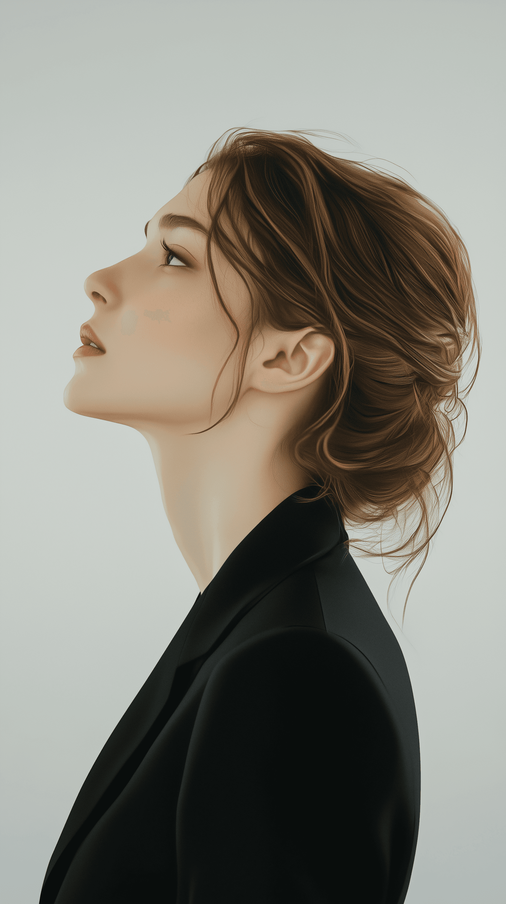 AI generated: photorealism, surreal portrait of a woman, side view, her head dramatically titled back against a st...