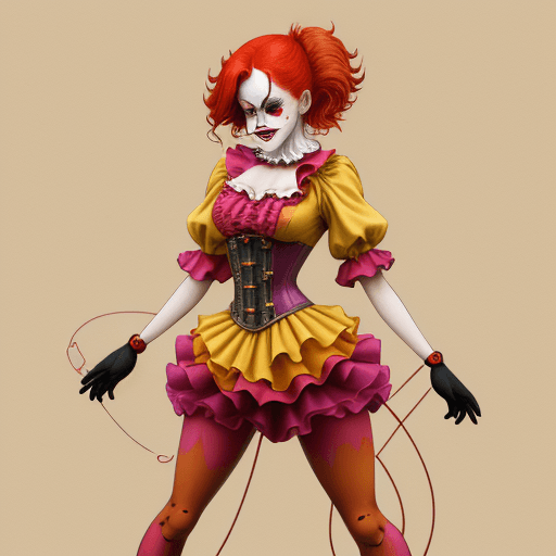 AI generated: a woman dressed as a clown with red hair, in the style of magical girl, colorful moebius, light yell...