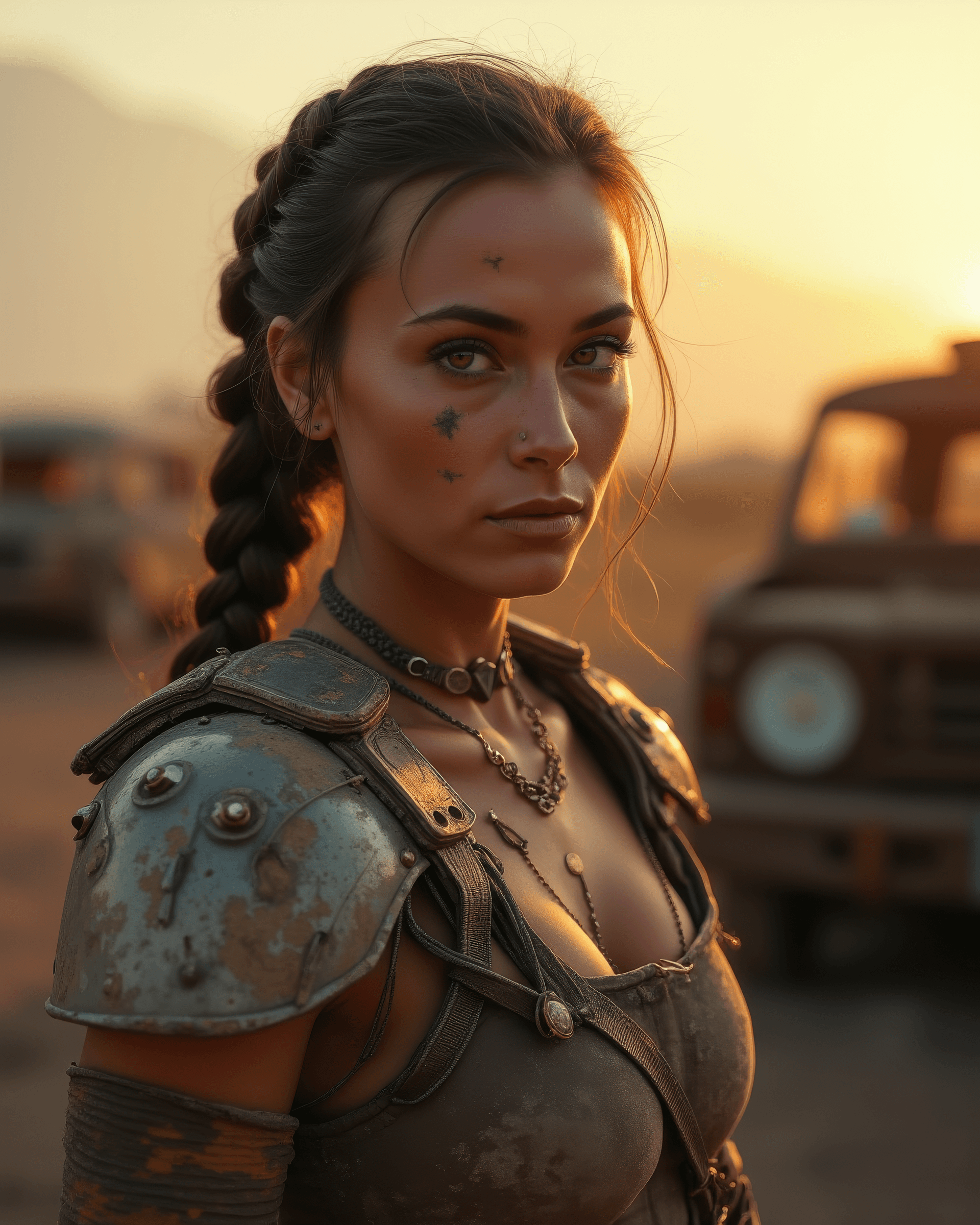 AI generated: A powerful and intense full-body portrait of a female survivor in a post-apocalyptic world. The imag...