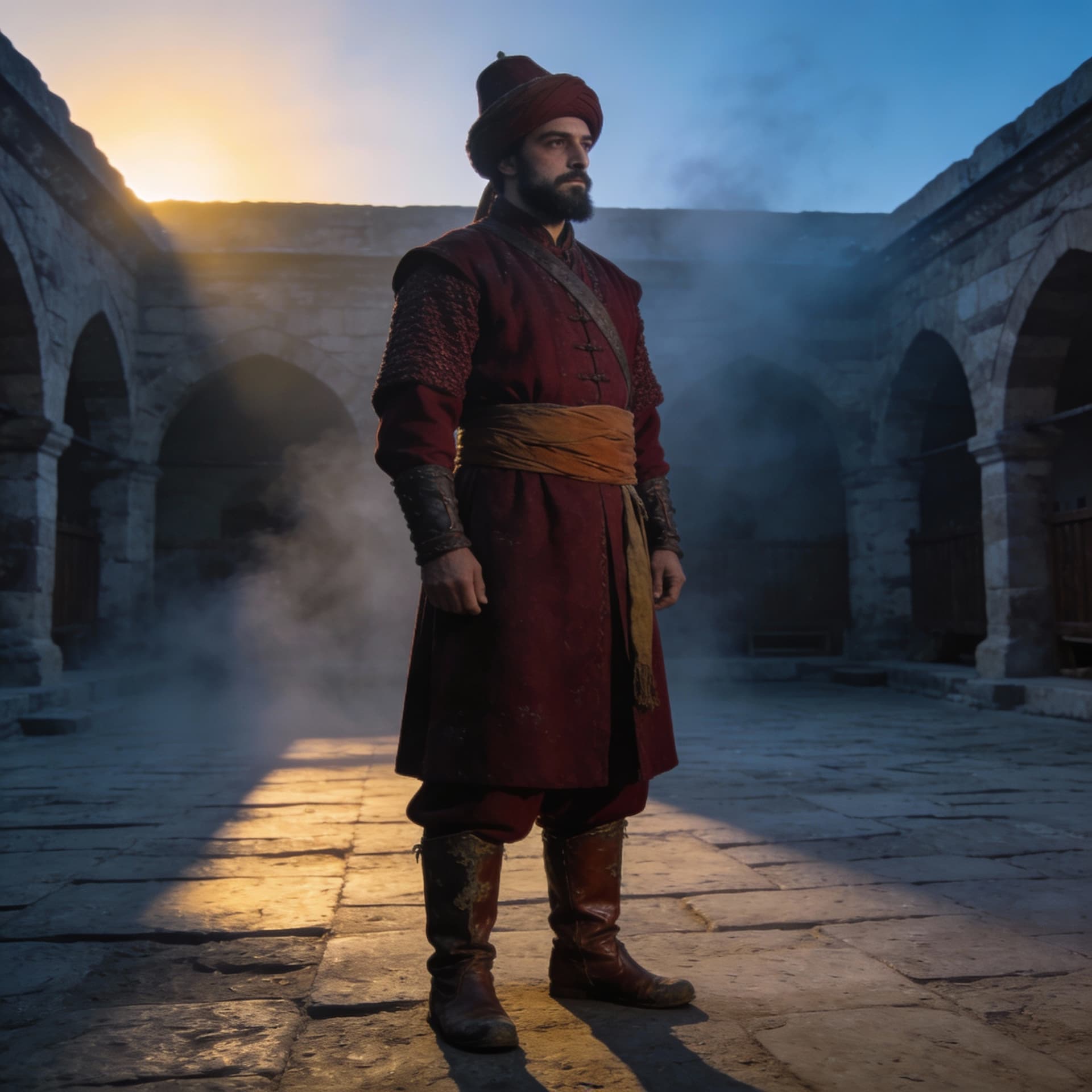 AI generated: Ultra-realistic full-body cinematic illustration of an Ottoman Janissary standing alone at dawn in a...