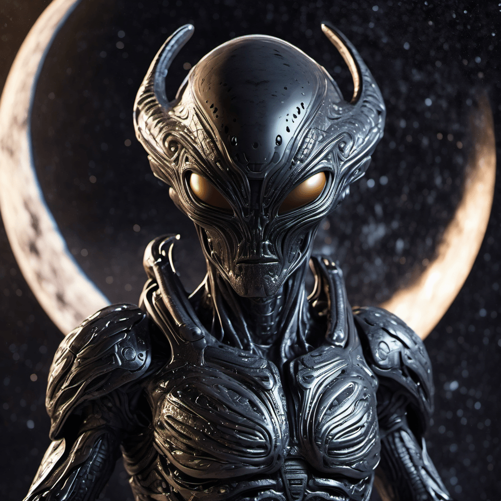AI generated: epic, masterpiece, alien warrior standing on moon, intricated organic neural armor, galactic black h...
